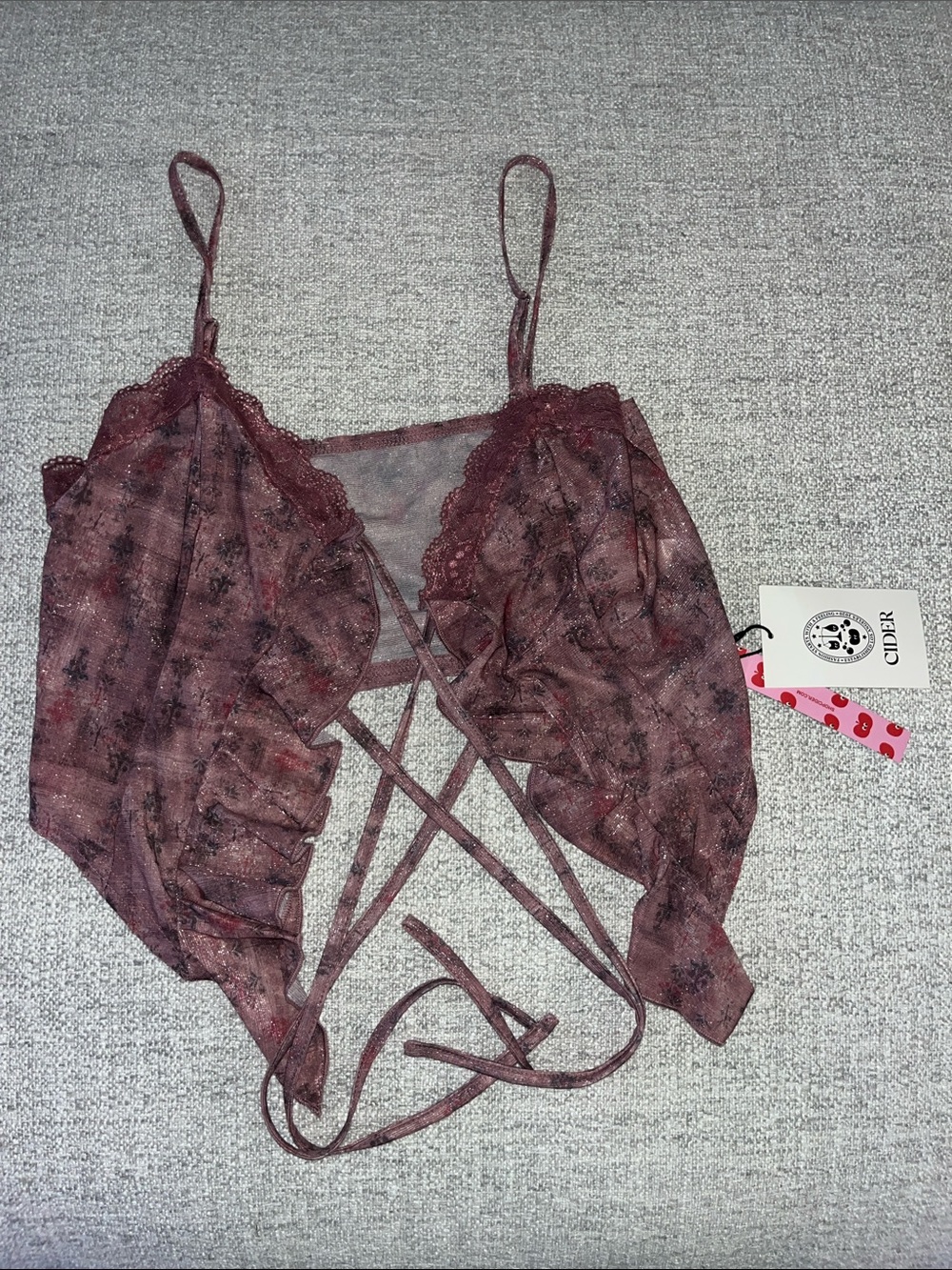 Cider Sheer Lace-Trim Ruffle Bralette in Dusty Mauve